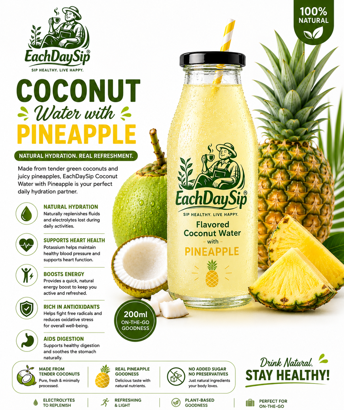 Coconut Water with Pineapple | Tropical Hydration Drink | 200ml | EachDaySip